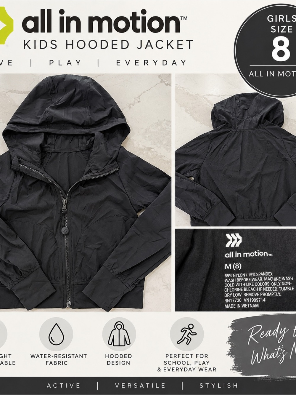 all in motion Girls' Black Hooded Rain Jacket